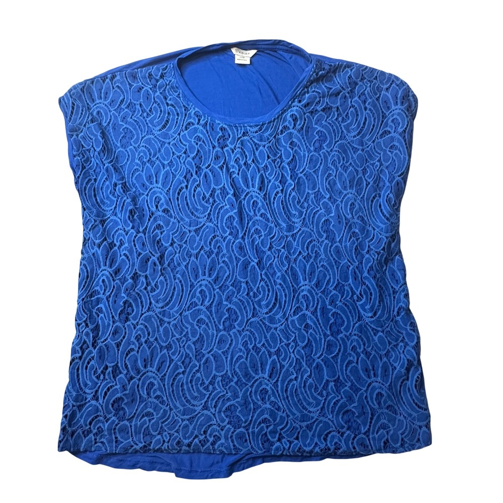 Ariat Top Women L Blue Lace Front Cap Sleeve Crew Neck Western Jersey Knit 37159
